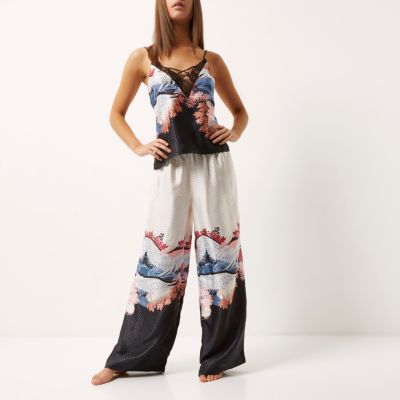 Cream oriental print palazzo pyjama trousers